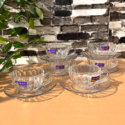 Delisoga® Set of 6 Clear Glass Cup & Saucer Set - Elegant Transparent Glass Green Tea Cups