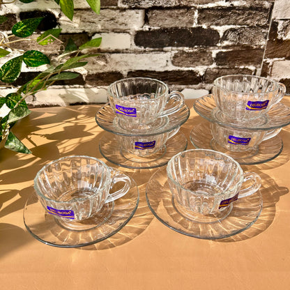 Delisoga® Set of 6 Clear Glass Cup & Saucer Set - Elegant Transparent Glass Green Tea Cups