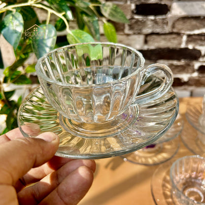 Delisoga® Set of 6 Clear Glass Cup & Saucer Set - Elegant Transparent Glass Green Tea Cups