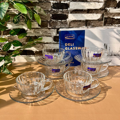 Delisoga® Set of 6 Clear Glass Cup & Saucer Set - Elegant Transparent Glass Green Tea Cups