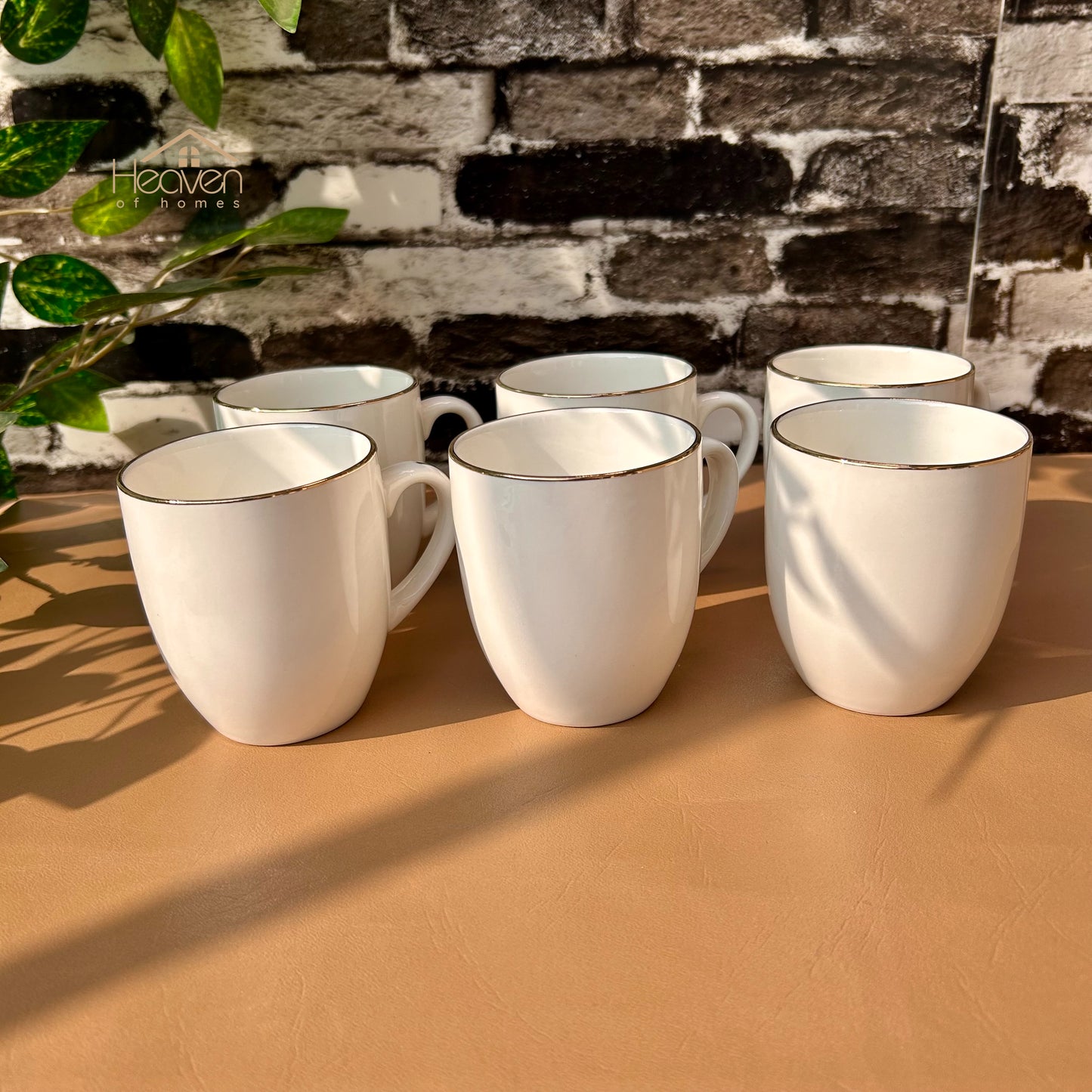 Heaven Set of 6 Weightless White Bone China Mugs with Golden Rim– Elegant & Durable 205 ML