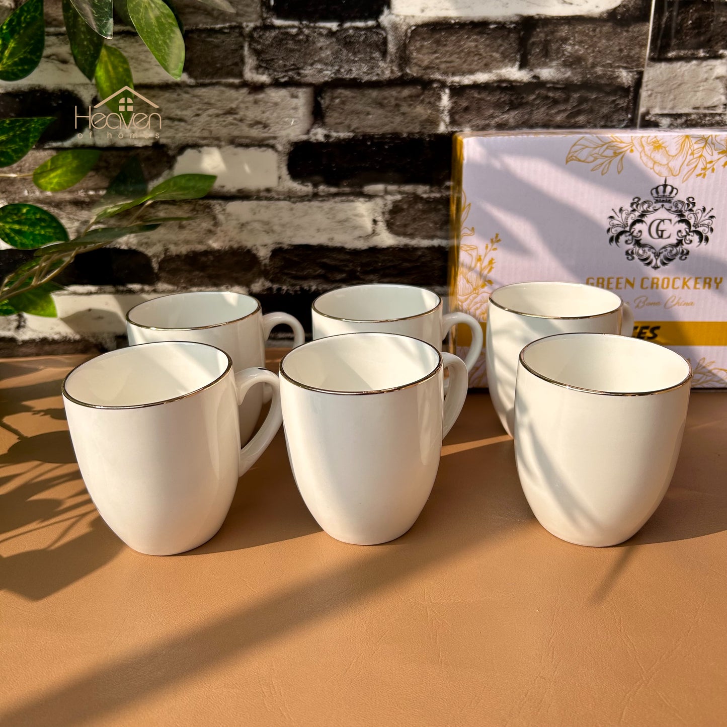 Heaven Set of 6 Weightless White Bone China Mugs with Golden Rim– Elegant & Durable 205 ML