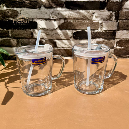 Delisoga® Set of 2 Transparent Coffee Mugs with Straw -Premium Mason Jar 400 ML