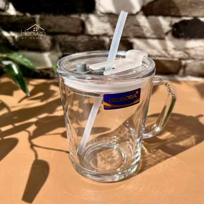 Delisoga® Set of 2 Transparent Coffee Mugs with Straw -Premium Mason Jar 400 ML