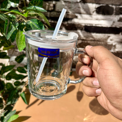 Delisoga® Set of 2 Transparent Coffee Mugs with Straw -Premium Mason Jar 400 ML