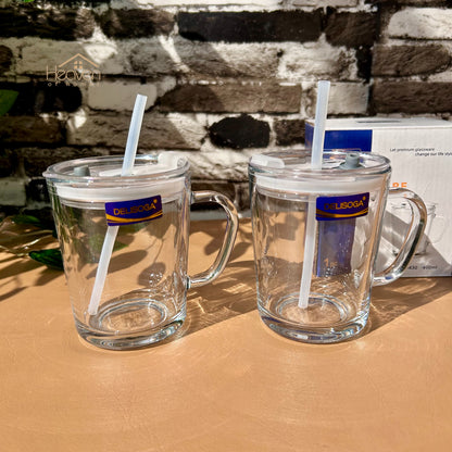 Delisoga® Set of 2 Transparent Coffee Mugs with Straw -Premium Mason Jar 400 ML