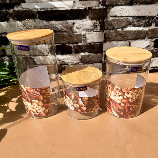 Imperial 3-Piece Glass Jar Set with Bamboo Lids | Premium Glass Storage Containers - Heaven of homes - Sale Pakistan