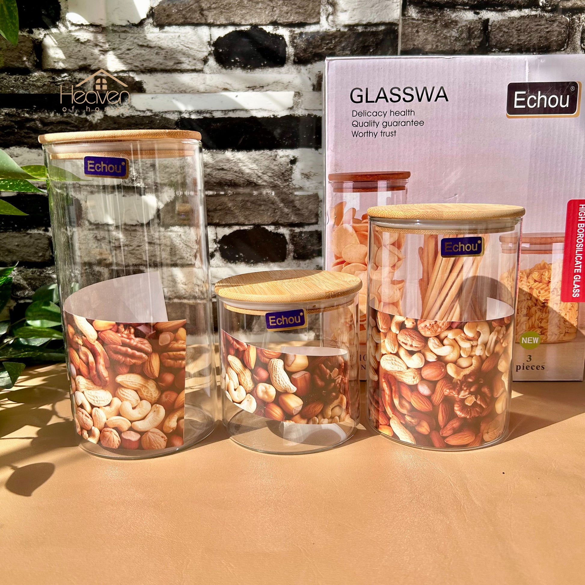 Imperial 3-Piece Glass Jar Set with Bamboo Lids | Premium Glass Storage Containers - Heaven of homes - Sale Pakistan