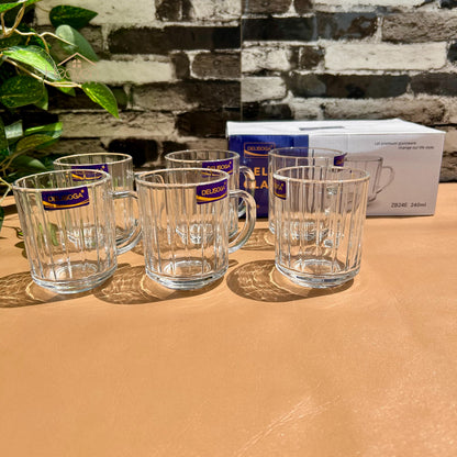 Delisoga® Transparent Clear Glass Cofee & Tea Mugs 240 ML Set of 6 Tempered ZB24E
