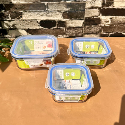 Deli® 3-Piece Clear Glass Square Bowls with Airtight Lids – Food Storage Containers - 310ml/510ml/800ml - EL20/L3