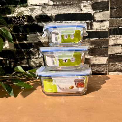 Deli® 3-Piece Clear Glass Square Bowls with Airtight Lids – Food Storage Containers - 310ml/510ml/800ml - EL20/L3