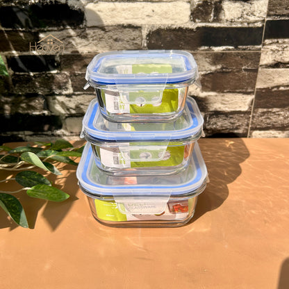 Deli® 3-Piece Clear Glass Square Bowls with Airtight Lids – Food Storage Containers - 310ml/510ml/800ml - EL20/L3