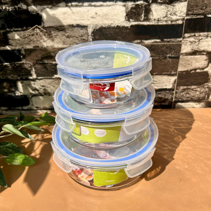 Deli® 3-Piece Clear Glass Round Bowls with Airtight Lids – Food Storage Containers - 400ml/630ml/950ml