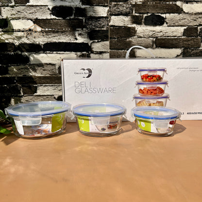 Deli® 3-Piece Clear Glass Round Bowls with Airtight Lids – Food Storage Containers - 400ml/630ml/950ml