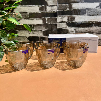 Delisoga® Set of 6 Gold Shade Clear Glass Tea Mugs – 205 ml Elegant Transparent Cups