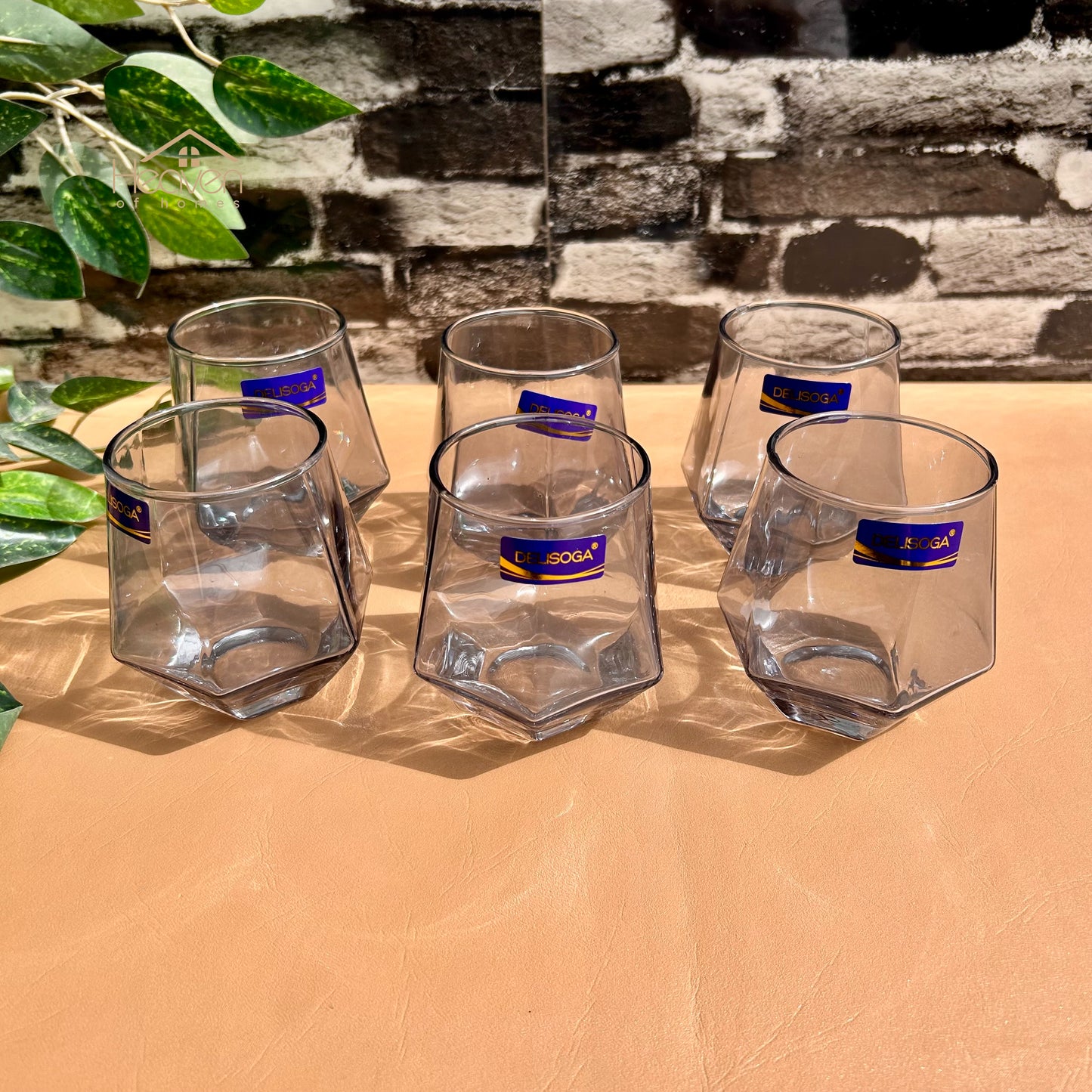 Delisoga® 6-Piece Diamond-Shaped Glass Water Set – 340 ml Clear Transparent Premium Glassware