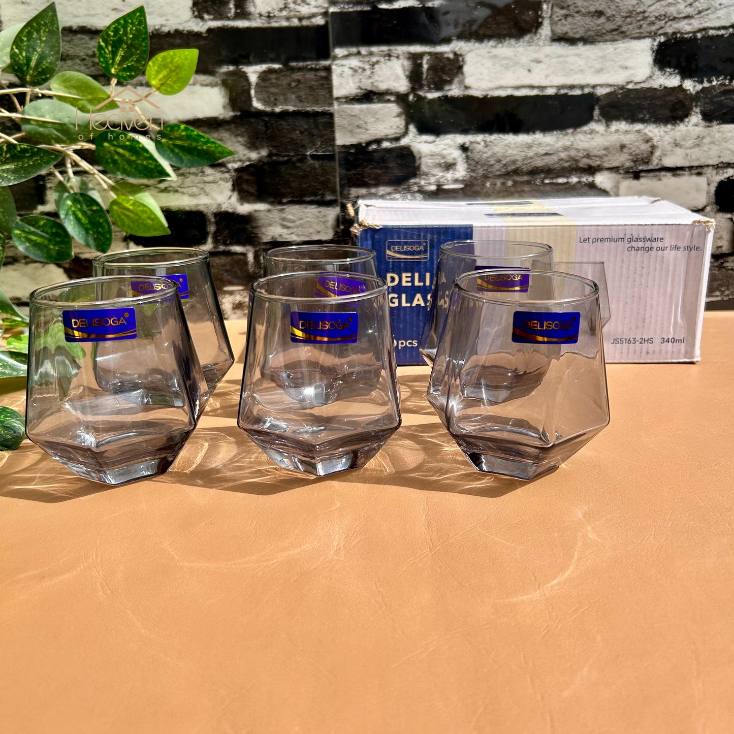 Delisoga® 6-Piece Diamond-Shaped Glass Water Set – 340 ml Clear Transparent Premium Glassware