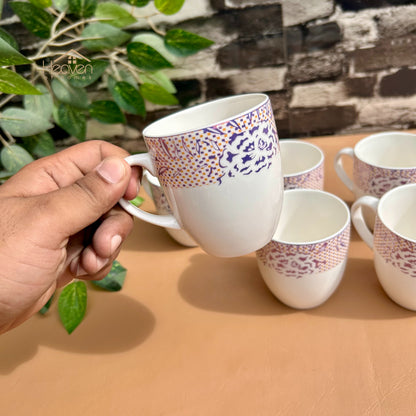 Heaven® Set of 6 Designer Printed Bone China Tea & Coffee Cups – 205 ml Lightweight & Elegant