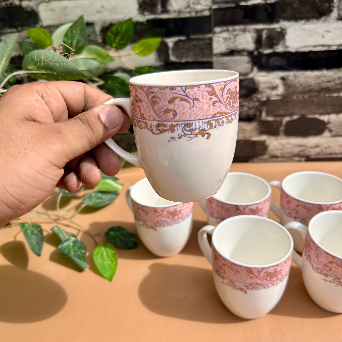 Heaven® Set of 6 Designer Printed Bone China Tea & Coffee Cups – 205 ml Lightweight & Elegant