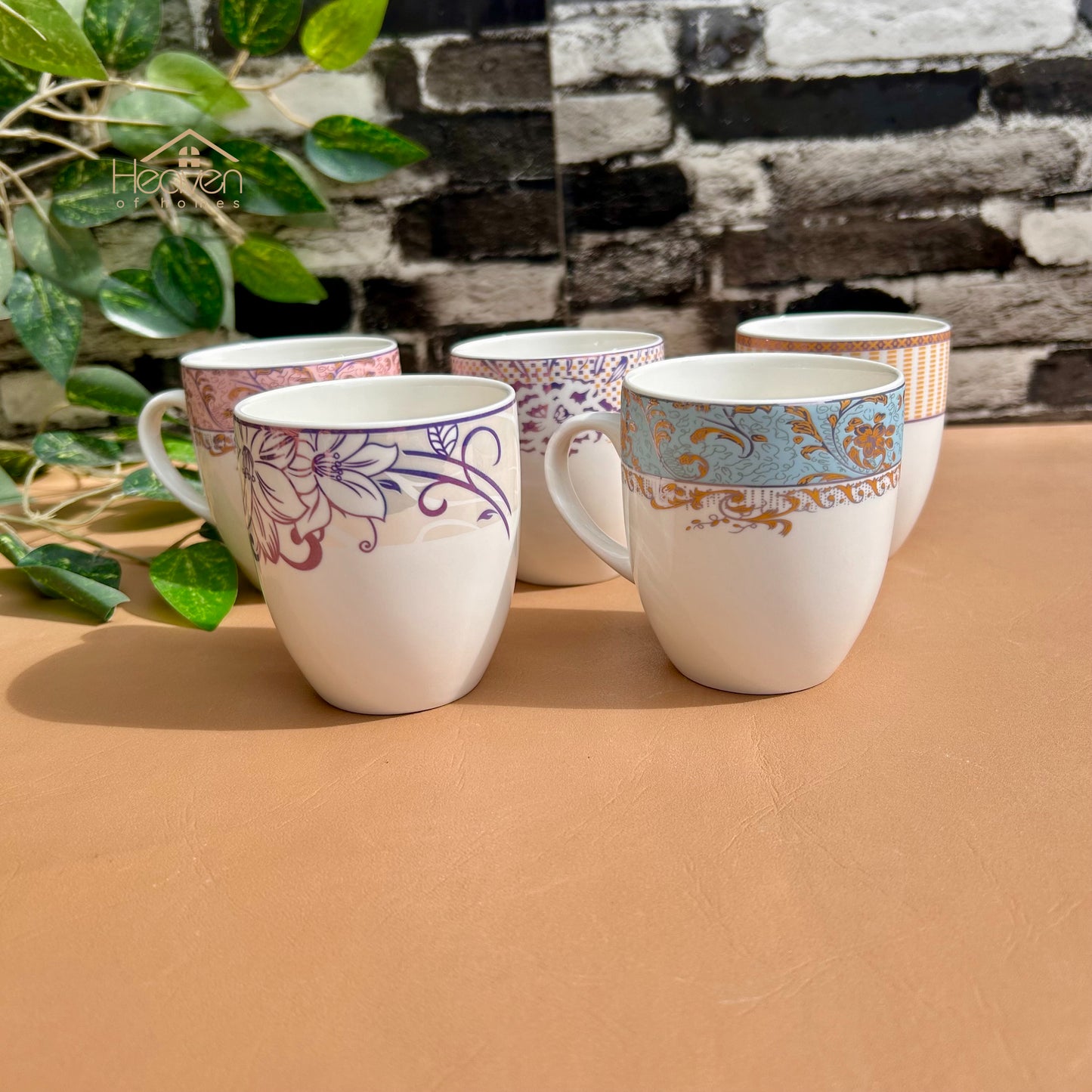 Heaven® Set of 6 Designer Printed Bone China Tea & Coffee Cups – 205 ml Lightweight & Elegant