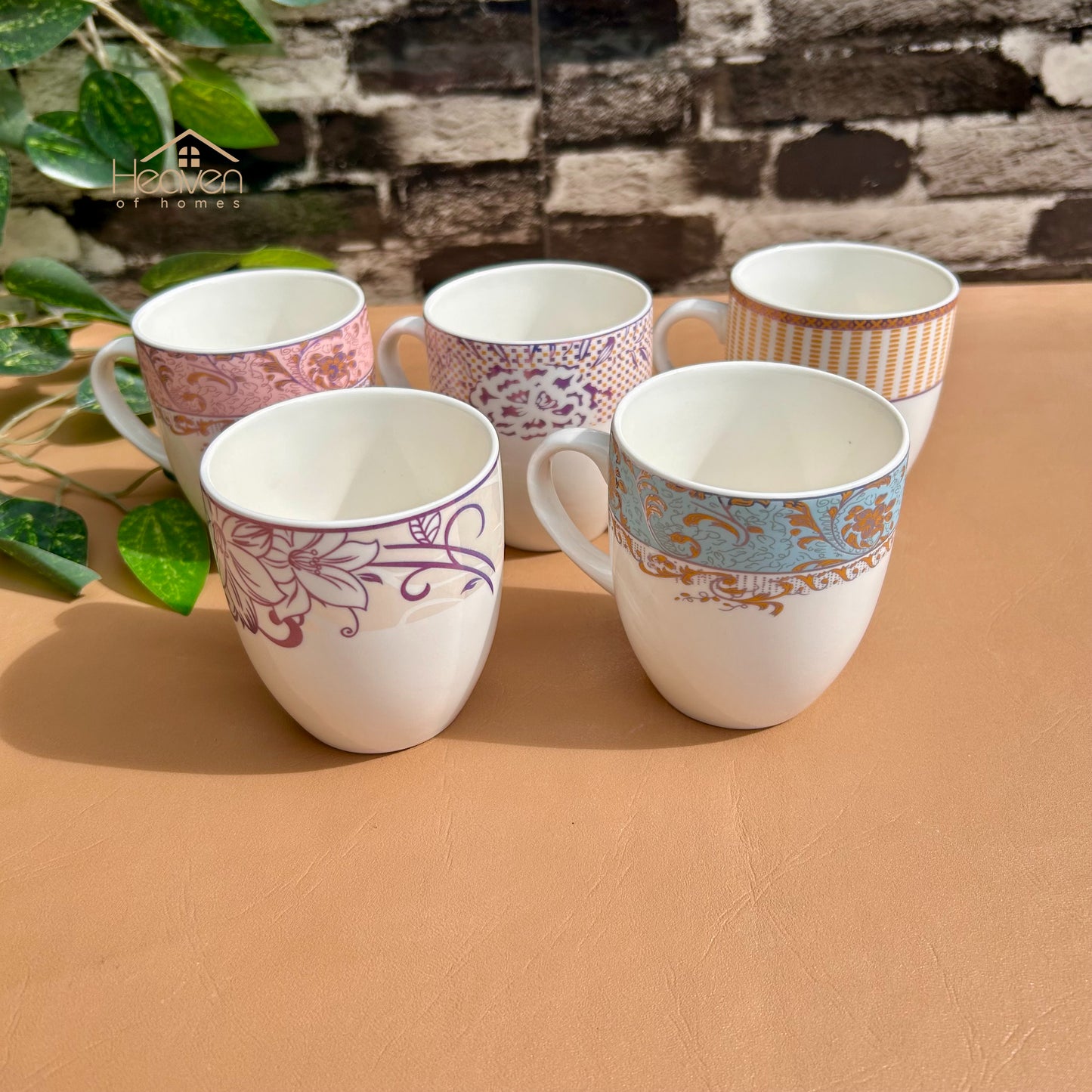 Heaven® Set of 6 Designer Printed Bone China Tea & Coffee Cups – 205 ml Lightweight & Elegant