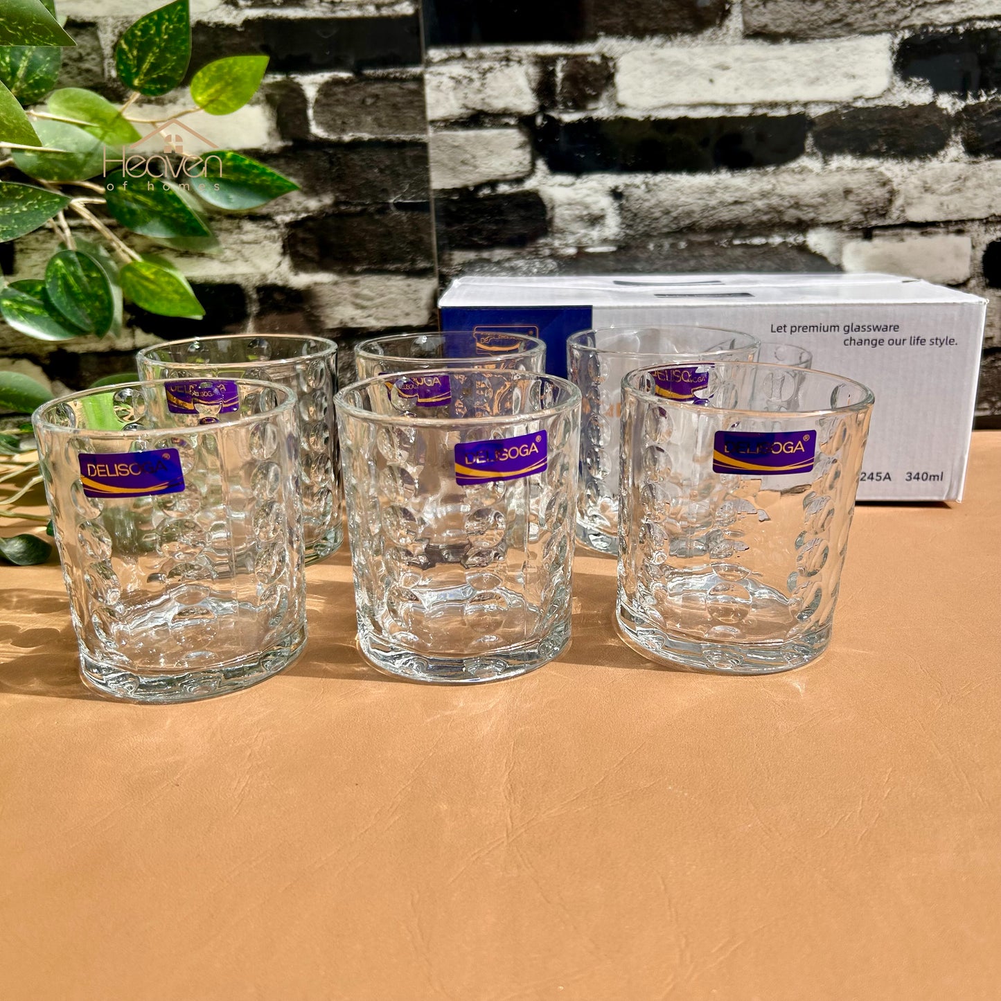Delisoga® Set of 6 Bubble Design Clear Glass Tumblers – 340ml Transparent Drinking Glasses - KB245A