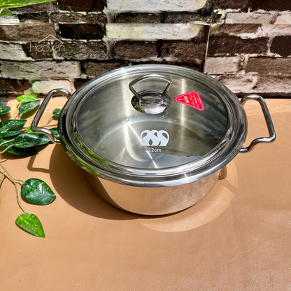 Alpha® Stainless Steel Cooking Pot with Encapsulated Bottom and Tempered Glass Lid – Durable, Even Heat Distribution - Heaven of homes - Sale Pakistan