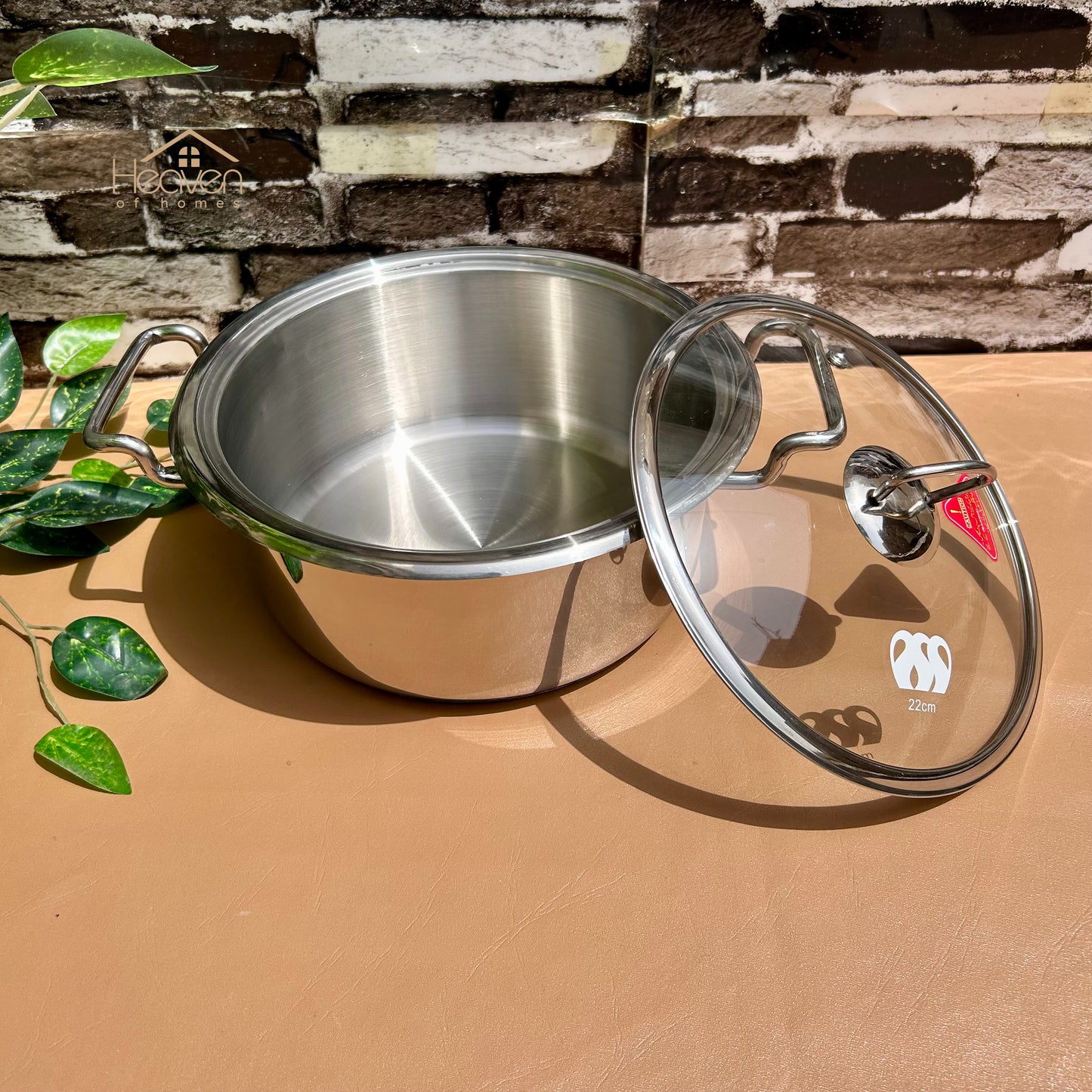Alpha® Stainless Steel Cooking Pot with Encapsulated Bottom and Tempered Glass Lid – Durable, Even Heat Distribution - Heaven of homes - Sale Pakistan