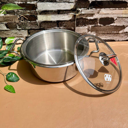 Alpha® Stainless Steel Cooking Pot with Encapsulated Bottom and Tempered Glass Lid – Durable, Even Heat Distribution - Heaven of homes - Sale Pakistan