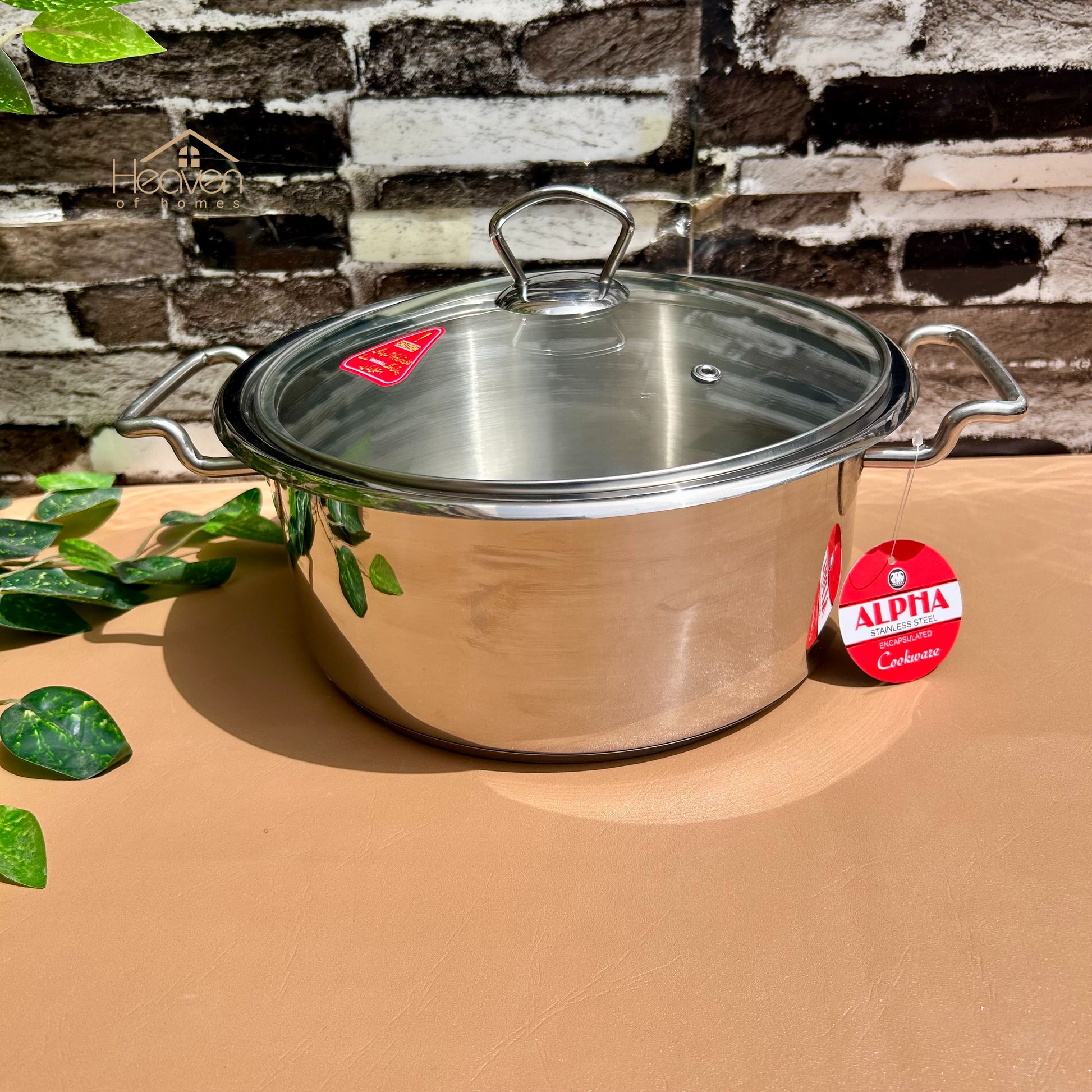 Alpha® Stainless Steel Cooking Pot with Encapsulated Bottom and Tempered Glass Lid – Durable, Even Heat Distribution - Heaven of homes - Sale Pakistan