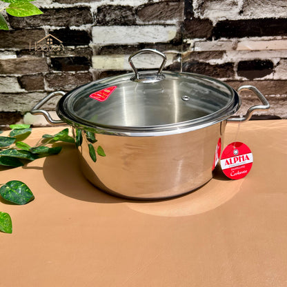 Alpha® Stainless Steel Cooking Pot with Encapsulated Bottom and Tempered Glass Lid – Durable, Even Heat Distribution - Heaven of homes - Sale Pakistan
