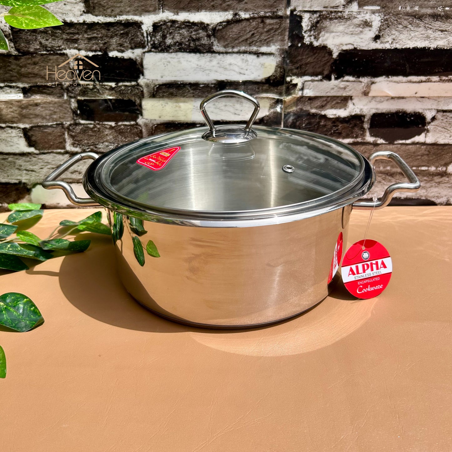 Alpha® Stainless Steel Cooking Pot with Encapsulated Bottom and Tempered Glass Lid – Durable, Even Heat Distribution - Heaven of homes - Sale Pakistan