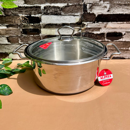 Alpha® Stainless Steel Cooking Pot with Encapsulated Bottom and Tempered Glass Lid – Durable, Even Heat Distribution - Heaven of homes - Sale Pakistan