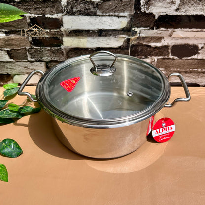 Alpha® Stainless Steel Cooking Pot with Encapsulated Bottom and Tempered Glass Lid – Durable, Even Heat Distribution - Heaven of homes - Sale Pakistan
