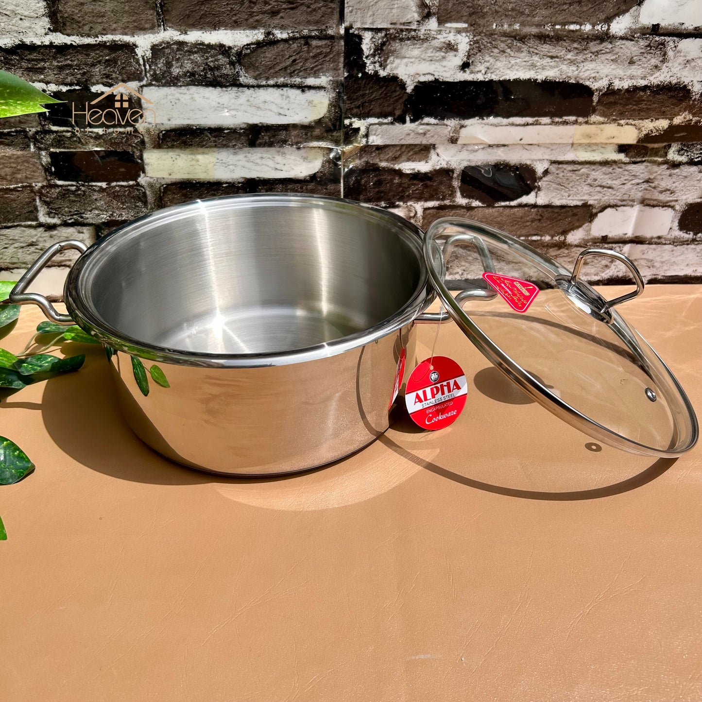 Alpha® Stainless Steel Cooking Pot with Encapsulated Bottom and Tempered Glass Lid – Durable, Even Heat Distribution - Heaven of homes - Sale Pakistan