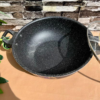 AR Non-Stick Karahi – Marble Coating Cooking Wok with Tempered Glass Lid