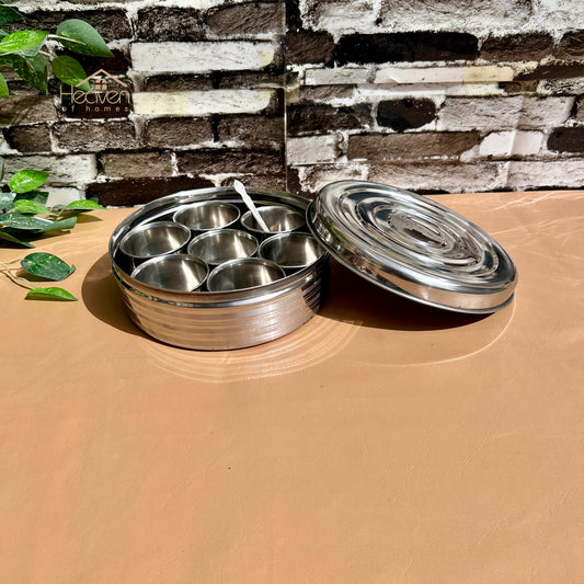 9-Inch Stainless Steel Spice Box | Indian Masala Dabba & Dry Fruit Storage Container with Lid