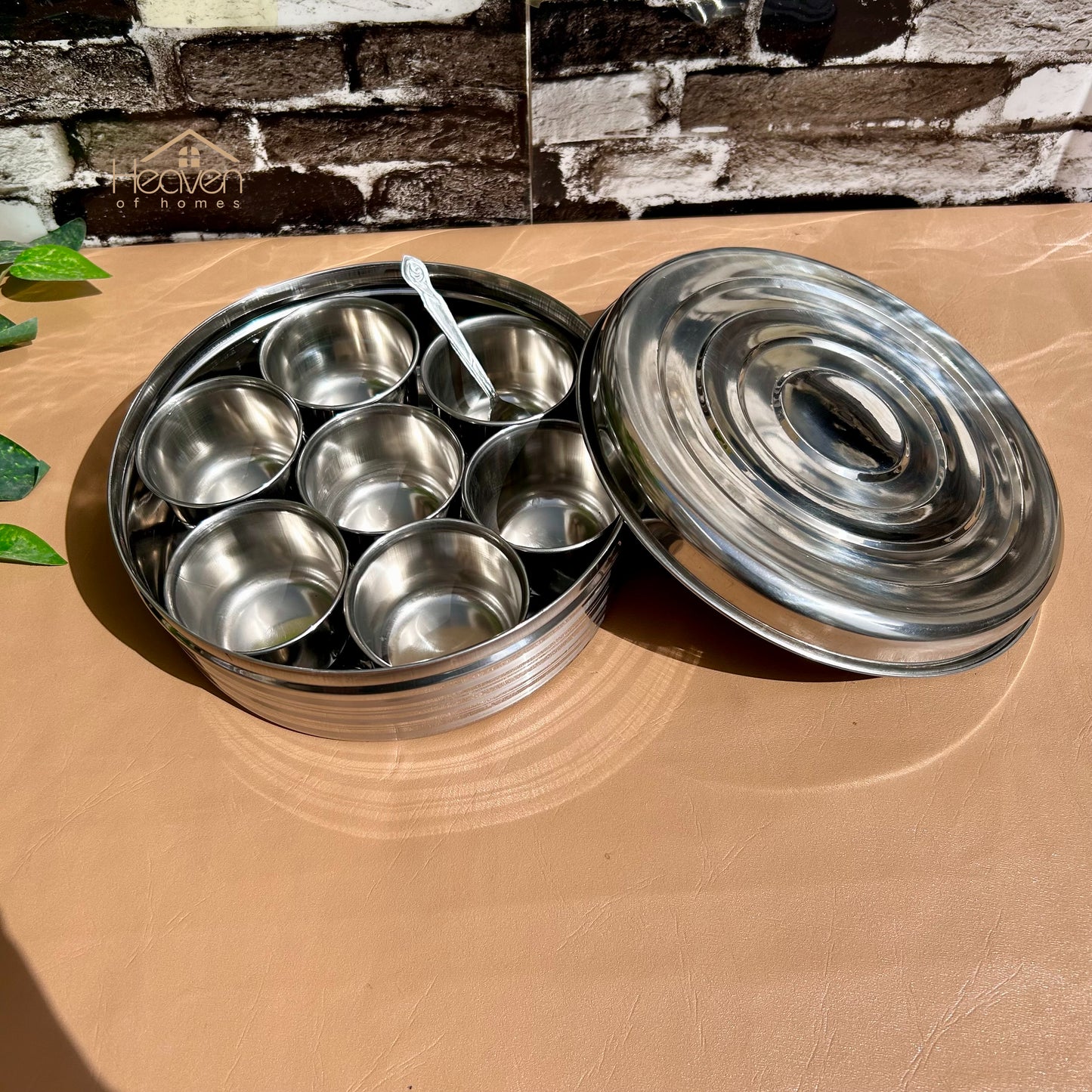 9-Inch Stainless Steel Spice Box | Indian Masala Dabba & Dry Fruit Storage Container with Lid - Heaven of homes - Sale Pakistan