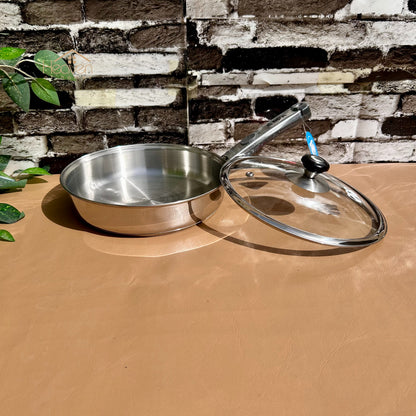 Alpha® Stainless Steel Cooking Frying Pan with Encapsulated Bottom and Tempered Glass Lid – Durable, Even Heat Distribution Stainless Steel Fry Pan