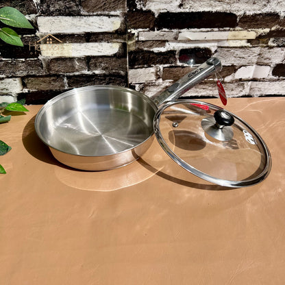 Alpha® Stainless Steel Cooking Frying Pan with Encapsulated Bottom and Tempered Glass Lid – Durable, Even Heat Distribution Stainless Steel Fry Pan