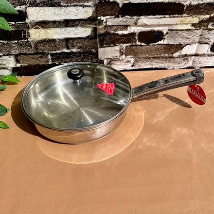 Alpha® Stainless Steel Cooking Frying Pan with Encapsulated Bottom and Tempered Glass Lid – Durable, Even Heat Distribution Stainless Steel Fry Pan