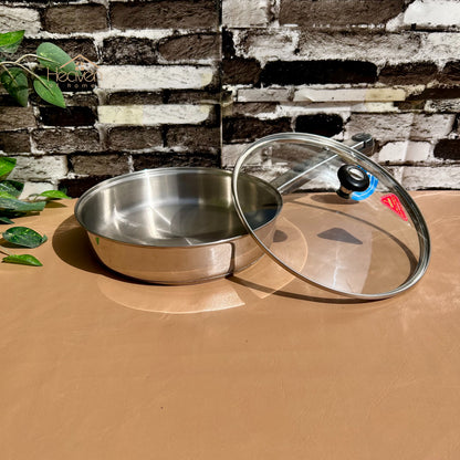 Alpha® Stainless Steel Cooking Frying Pan with Encapsulated Bottom and Tempered Glass Lid – Durable, Even Heat Distribution Stainless Steel Fry Pan