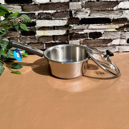 Alpha® Stainless Steel Cooking Sauce Pan with Encapsulated Bottom and Tempered Glass Lid – Durable, Even Heat Distribution