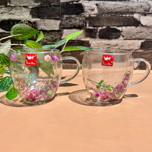 Heaven® Set of 2 Double Wall Glass Mug with Dry Flowers – Elegant Insulated Tea & Coffee Cup