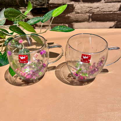 Heaven® Set of 2 Double Wall Glass Mug with Dry Flowers – Elegant Insulated Tea & Coffee Cup