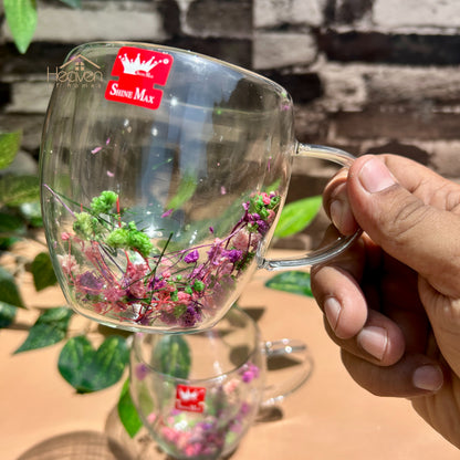 Heaven® Set of 2 Double Wall Glass Mug with Dry Flowers – Elegant Insulated Tea & Coffee Cup