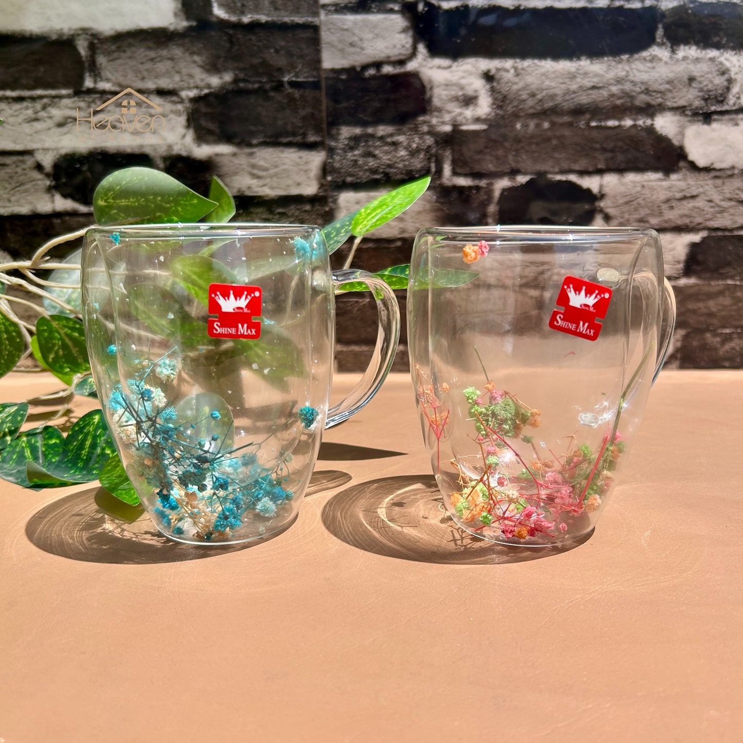 Heaven® Set of 2 Double Wall Glass Mug with Dry Flowers – Elegant Insulated Tea & Coffee Cup