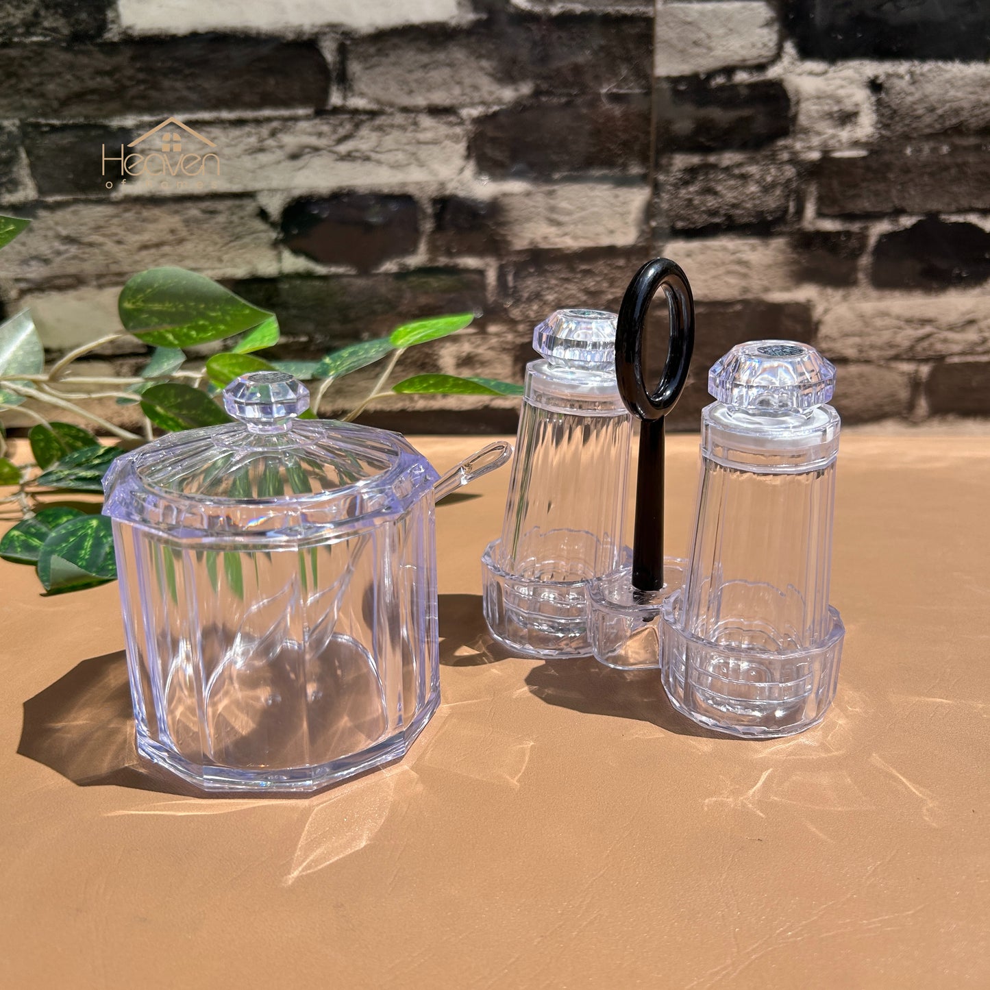 Heaven® Sugar Pot with Spoon & Salt and Pepper Shaker Set with Stand – Elegant Kitchen Dining Set, Premium Tableware Accessori