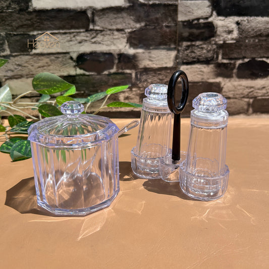 Heaven® Sugar Pot with Spoon & Salt and Pepper Shaker Set with Stand – Elegant Kitchen Dining Set, Premium Tableware Accessori