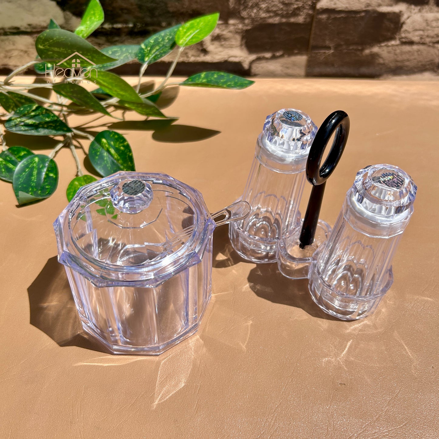 Heaven® Sugar Pot with Spoon & Salt and Pepper Shaker Set with Stand – Elegant Kitchen Dining Set, Premium Tableware Accessori
